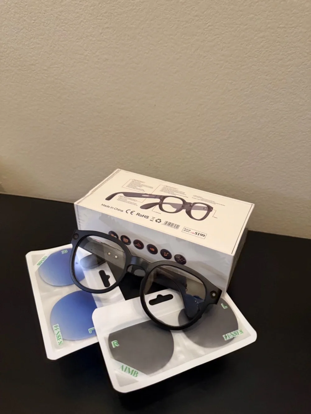 AiMB AI Glasses Black Round Frame Interchangeable Lens.